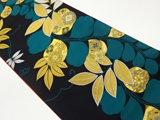 葉に華文模様織出し袋帯